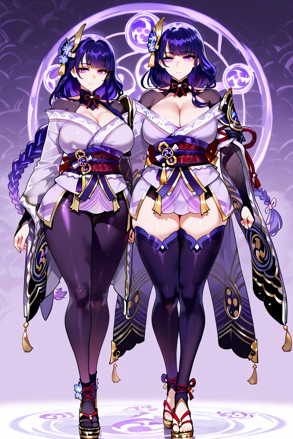 mother and daughter, age_difference, two girl huge each other, masterpiece, best quality, very aesthetic, absurdres, ,raiden_shogun,raiden_shogun (genshin impact), dark purple hair, long hair, single braid, hair ornament, hair, big breasts, purple eyes, sharp eyes, long eyelashes, cleavage,zettai ryouiki, (tight dress), kimono, cleavage, lighht purple kimono, detailed kimono, leggins, black leggins, black ppantyhose,,surrounding by flowers,falling_petals, outdoors, petals,,luminous butterflies, fluttering butterflies,