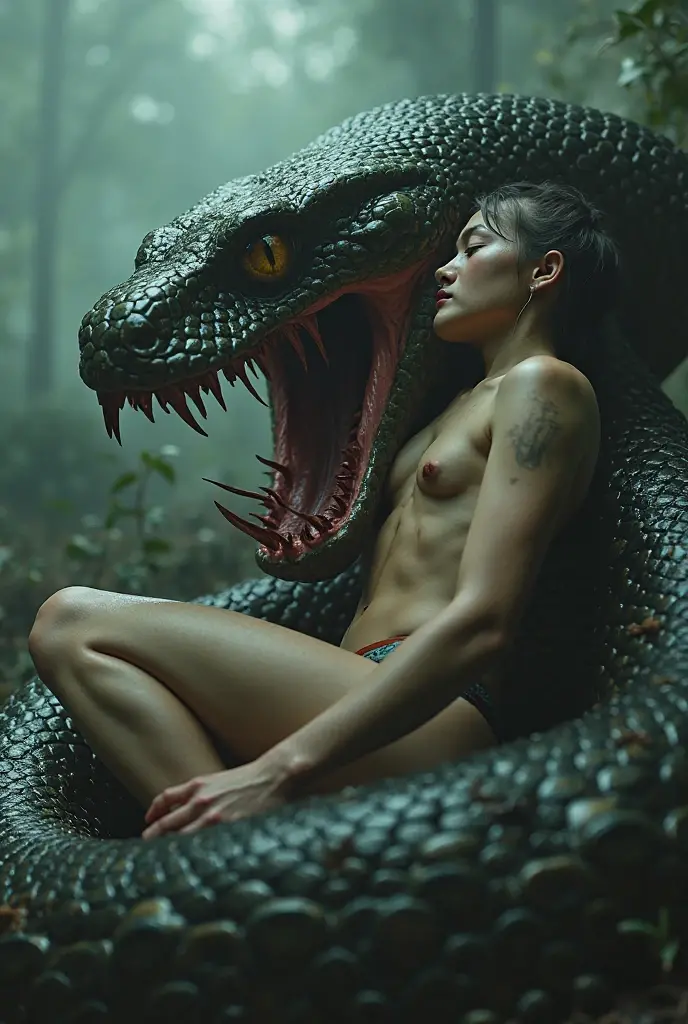 1girl, medusa,dark skinned, forest, amazonia, amazonian temple, jungle, river, snake mermaid fuck with you, POV, proximal view, cyberpunk 2077 lights, fille à dents de serpent, snake tongue girl, girls showing their ass-pussy cloaca, girl insert a human penis in her cloaca, snake tongue girl, girls in water, snake female, humanoid snake, dark skin, snake skin on face, snake scales on face, detailed snakeskin, snake tail, black hair, fille enroulée dans des queues de serpents, detailed skin, illumated blue eyes, big eyes, detailed eyes makeup, integral snake suit, detailed snake suit, vêtements très serrés avec des coutures tendues, filles regardent l'objectif, filles regardent la caméra, regards intenses, regards captivants, regards coquins et séduisants, regards subjectifs, corps de serpent, full bodies, tied hair, HD, high definition photo realistic, straight wet hair, cheveux courts, (short hair:1.4), tied hair en chignon, (asymetric cut hair:1.2) ,(hime cut:1), photo professionnelle, photo, 8K, fille humide, black lipstick, asymetric makeup on lips, black makeup, hyper realistic, (nsfw:1.3), black lips, looking at camera, professionnal UK porn scene, snake girls sur le garçon, POV, POV scene, POV view,