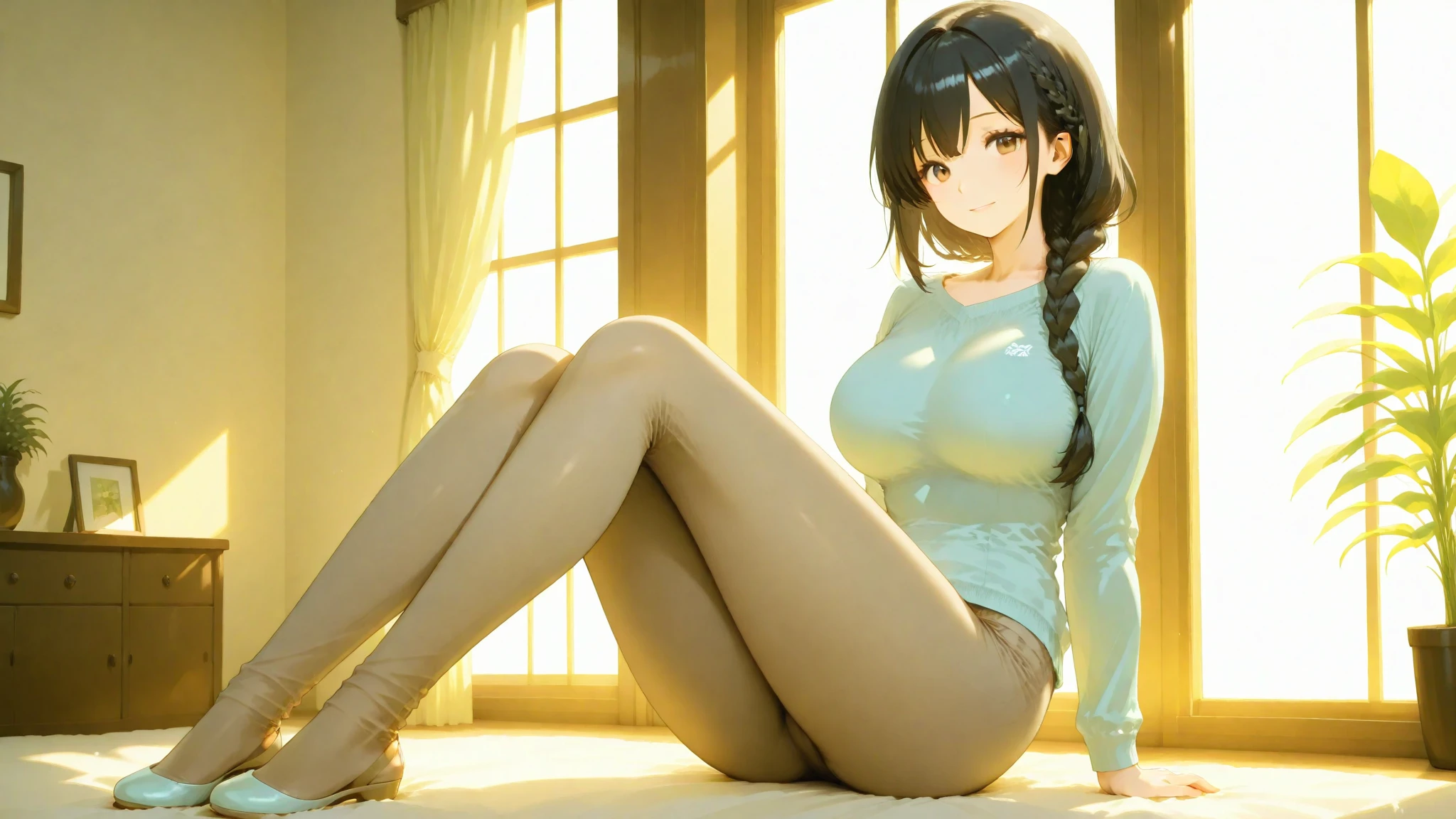 ((nearly naked:1.2)), nearly naked, high-ponytail Hairstyle, big breasts, 1girl, (covered nipples:1.1), (((tight bandeau top)))，(((short tight hot pants))), ((Spread legs:2.2)), Blue eyes, White sport socks, White shoes, a wet body, Detailed background, Clothing Details, Perfectly proportioned, film grains, light and shade contrast, masterpiece, high detail, Cinematic lighting, 8K, Textured skin, Super Detail