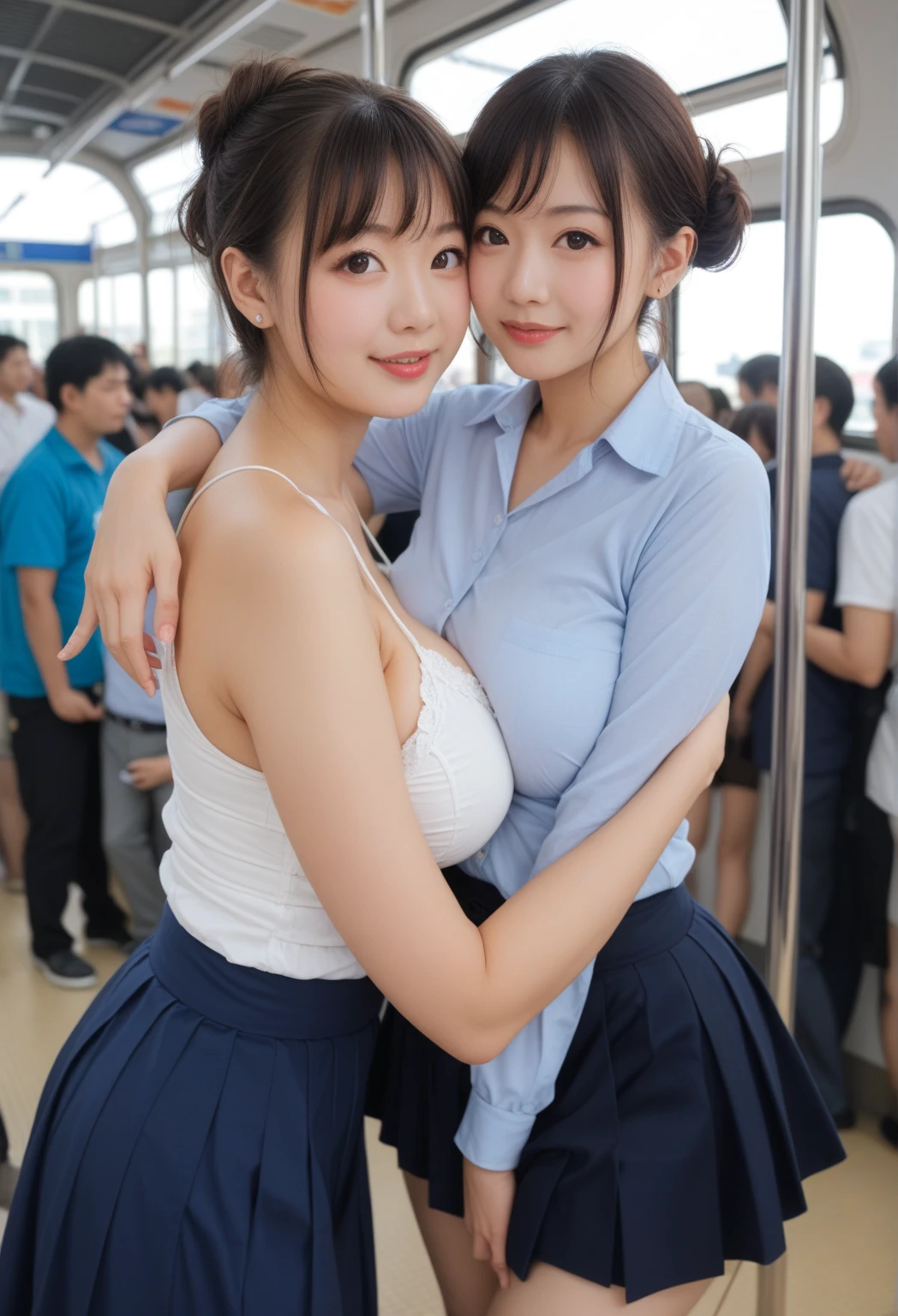 1 girl、spring、high school student、uniform、warm color、Commuting、Accurate and highly detailed backgrounds、cute((((I can see her panties))))((((Emphasize cleavage))))
