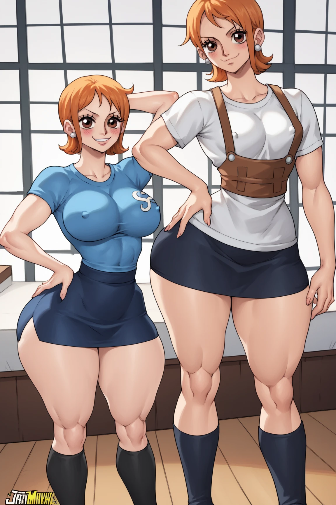 Anime Women、Highest quality:1.2),Detailed face, Lady、Glasses、Braid、Forehead、Big Breasts, Big Ass, Denim jumpsuit、sneakers、whole body