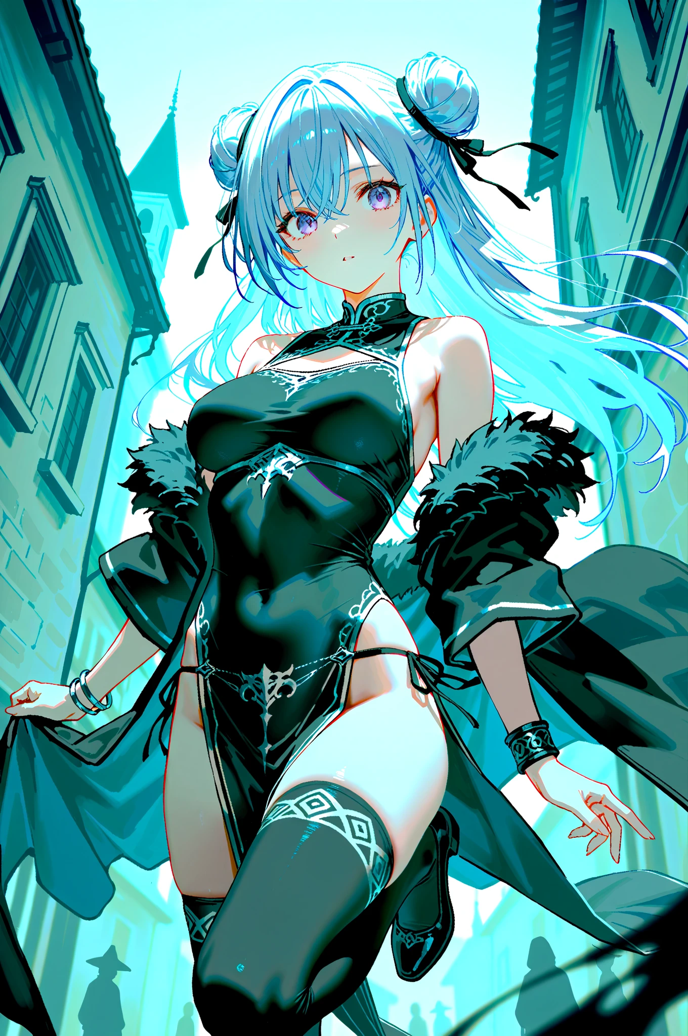 One girl, cyber punk, (whole body:1.1), Knee socks, Cleavage, Perfect Eyes, Perfect Face, Kuvshinov, (Gradient Background:1.2),