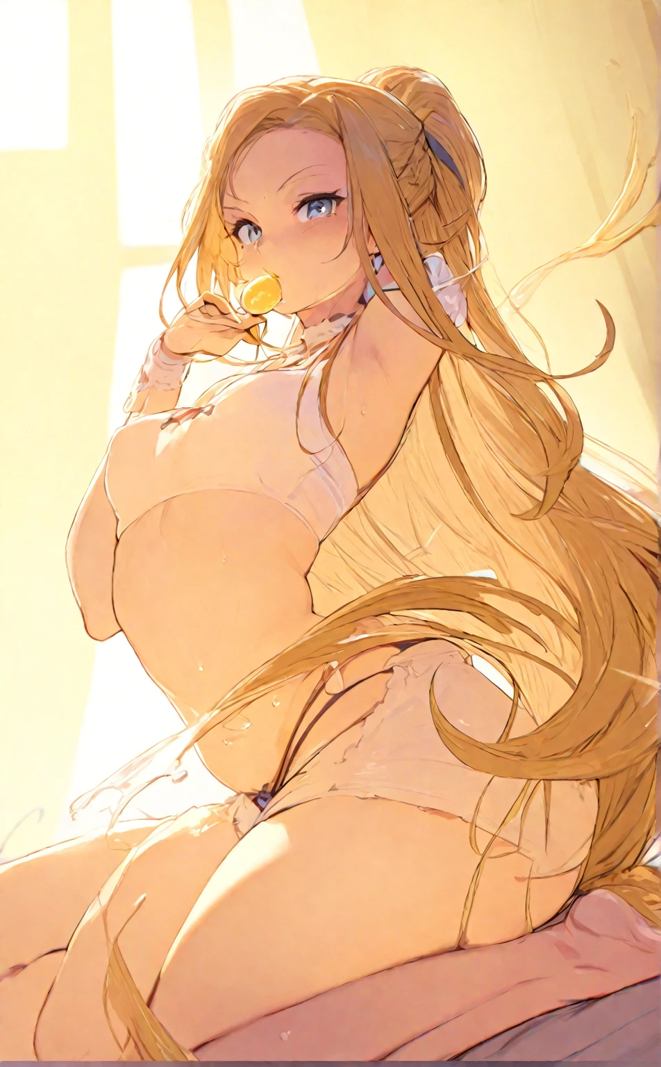 sernia_iori_flameheart,(blonde hair), large breasts,((drill hair)),hair ribbon, long hair,NSFW,(Portrait),face Focus,close up,short torso,Perfect Lighting,topless,nude,(nipples),,anime screen cap,Flat color,cel shading,smile,, (underwear:1.2), (strong light)、((brighten the subject)),blush,curby:1.2,(white lace panties),(bedroom,on bed,lying on back),((perfect anatomy,five fingers)),sexy pose