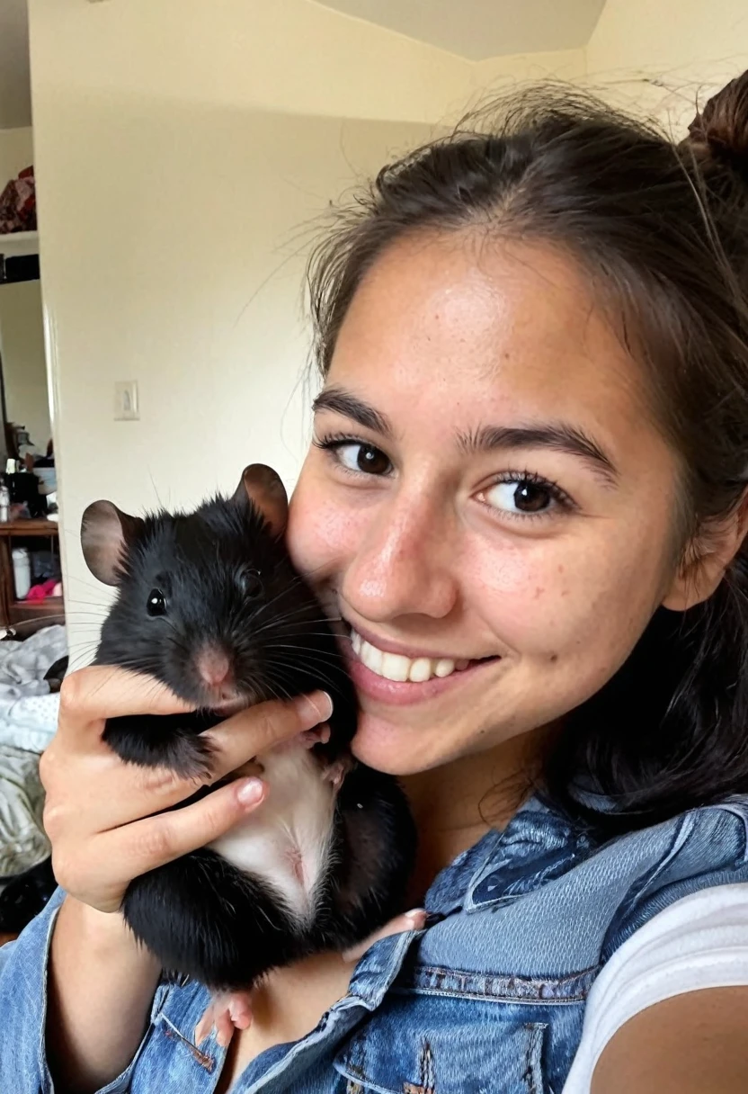  jovem, cabelo castanho claro ondulado longo, olhos castanhos, nariz italiano, small mouth holding a black and white small furry guinea pig 