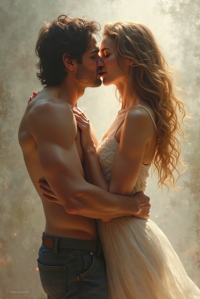 Design a book cover titled "the devil's pet" with a beautiful girl, curly blonde hair and a handsome boy with perfectly chiseled face, naked sharing an intimate scene, the background unreal