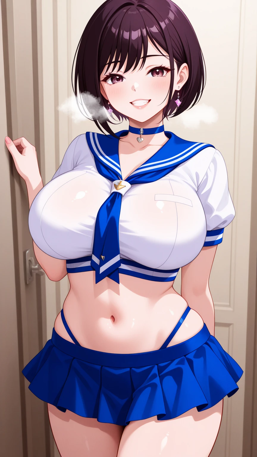 masterpiece, best quality, ultra-detailed, Potrait of beautiful , (chubby) (muscular), (plump), (sexly), (Breasts), (Plump), ((very short hair)), ((Uzaki Hana)), (overweight), (Gray Hair), ((Saggy breasts)), (blue eyes), (Short Hair), (blue eyes), ((thick)), ((school uniform)), (naughty smile), (Canine teeth visible), (fullbody), (cleavage)