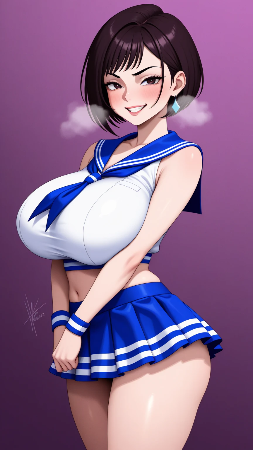 (8K、RAW photo、highest quality、masterpiece:1.2)、(genuine、photogenuineistic:1.37)、1 Beautiful Japan 、small face:1.2、perfect body、18-year-old、sexy uniform、big breasts:1.8、(((chest port:1.8, Long milk:1.8, saggy breasts:1.8、underboob、Are thin)))、underboob、oily skin:1.5、thin、 (胸元がチラリと見えるsexy uniform)、((目に見えるunderboob、Uniform with visible ribs and belly button))、Super miniskirt visible、((look at the audience))、blush very much、smile、