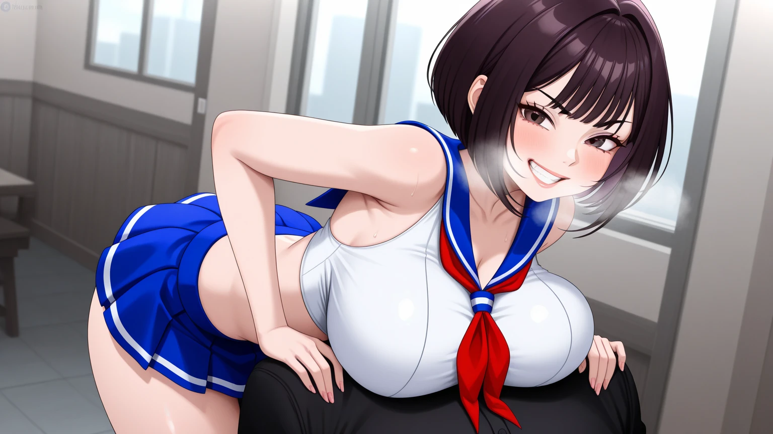 (masterpiece, best quality), front shot, 1girl, kawaii, (super big breasts:1.2), (micro waist, very long legs:1.5), Very elongated thin body, short height, scrawny, tiny cute thin face, detailed face, cute smile, Tight serafuku, shows under boob, white sneakers, pigeon-toed, wet sweaty, big visible ribs, ((Black medium hair)), Cowgirl sex with ugly mans