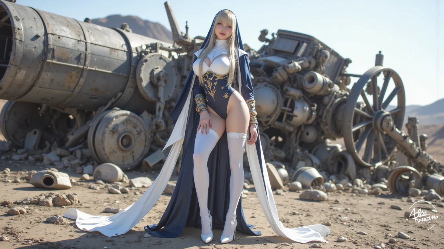 23 years old female soldier, ((full body)), ((nude)), blond, blue eyes, heavily armored in white color to fight aliens with a long cape, beautiful chest, standing in the battle field, with her legs spread apart, zoom in from front below