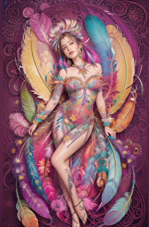 (masterpiece, top quality, best quality, official art, beautiful and aesthetic:1.2), (1girl:1.3),neon,sportlight,fractal fire, extremely detailed,(fractal art:1.1),(colorful:1.1)(flowers:1.3),highest detailed,(zentangle:1.2), full body, (abstract background:1.3), (shiny skin), (many colors:1.4), ,(earrings), (feathers:1.5)