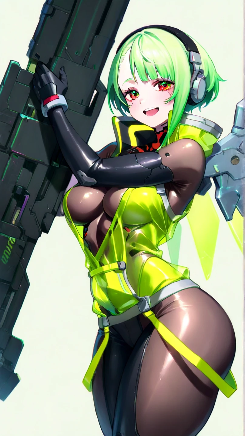 1girl, large breasts, breasts, wide hips, green hair, highleg bikini, bikini, black bikini, smirk, smile, machinery, futuristic, science-fiction, tech, neon trim, short hair, ((head-mounted device)), ((covered eyes)), vr visors