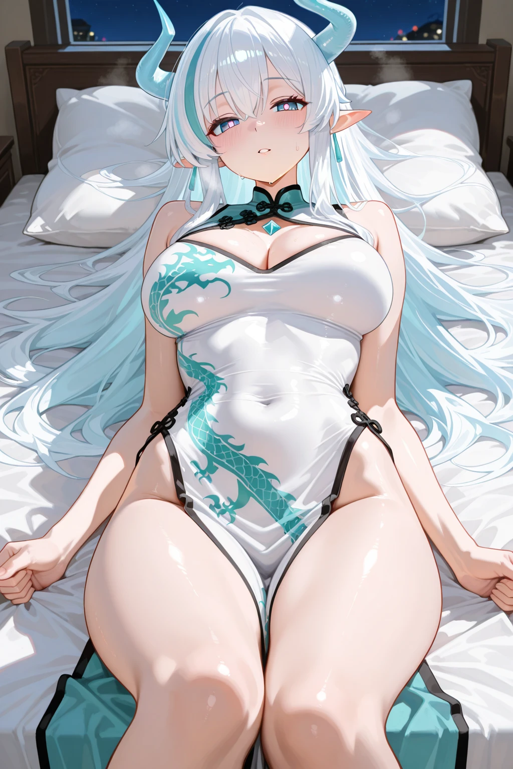 Beautiful girl，white color hair，green-eyed，white stockings，saintess，smallunderboob，Gorgeous green dress，revealing the lower abdomen，Open your legs，Lori huge breasts cleavage，4K Ultra Clear，slendernesrontage，Lie down in bed，Gorgeous high heels，Texture