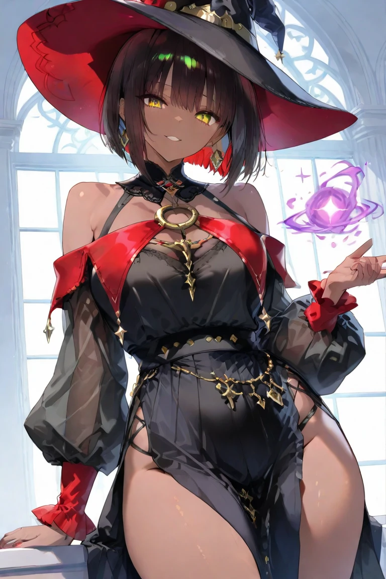 absurdres, RAW photo, extremely delicate and beautiful, masterpiece, Best Quality, ultra high resolution, 32k, hyperrealistic, ultra-detailed, perfect ???????, anatomically correct, perfect figure, Perfect Style, Perfect balance, in her 20s, very Slim body, narrow waist, very small head, very small face, delicate facial features, detailed face, detailed eyes, tearful mole, earring, very huge round breasts, whole body shot, whole legs, medium hair, asymmetrical hair, witch hat, starry sky, ribbon, red dress, oversized clothes, cape, tarot,