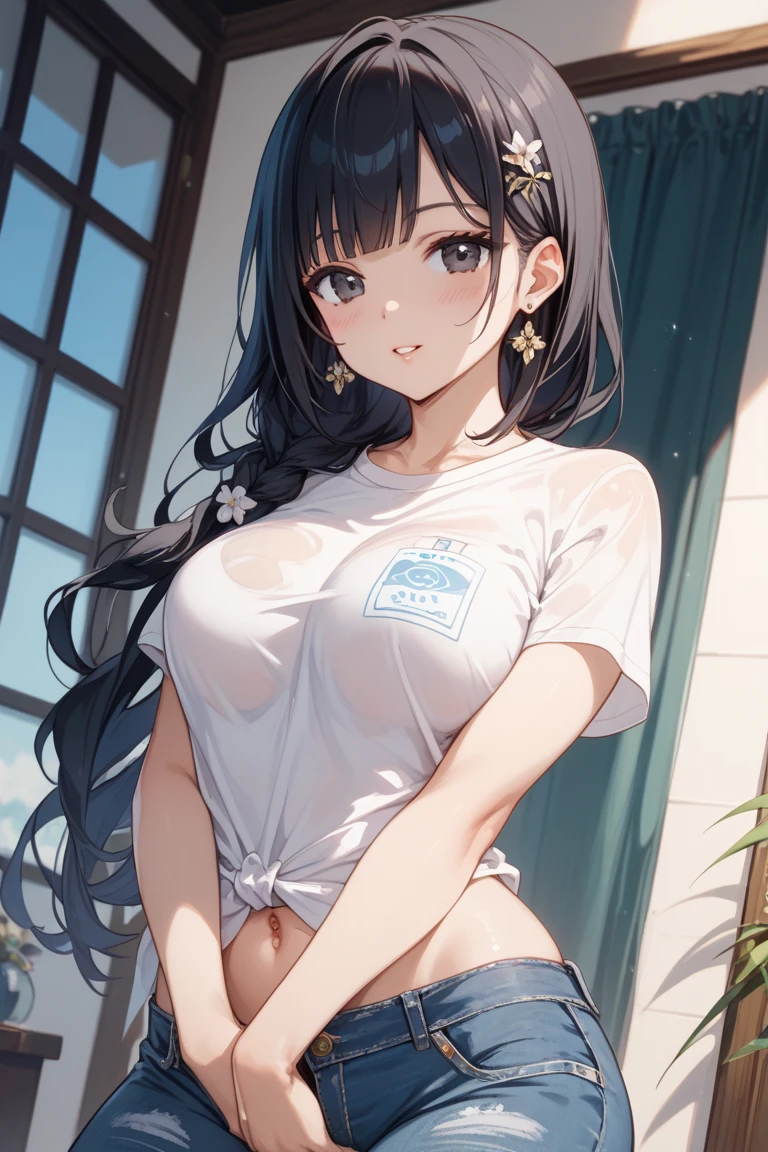 masterpiece,best qualitiy,high detail,1girl,blush, tanktop,shortpants, <lora:Microshirt_and_Wind_Lift_v1:0.7>wardrobe malfunction,shirt wind lift,undersized shirt,underboob,longhair,strong wind,sunshine,outdoor,open mouth,from below,spoken shy
