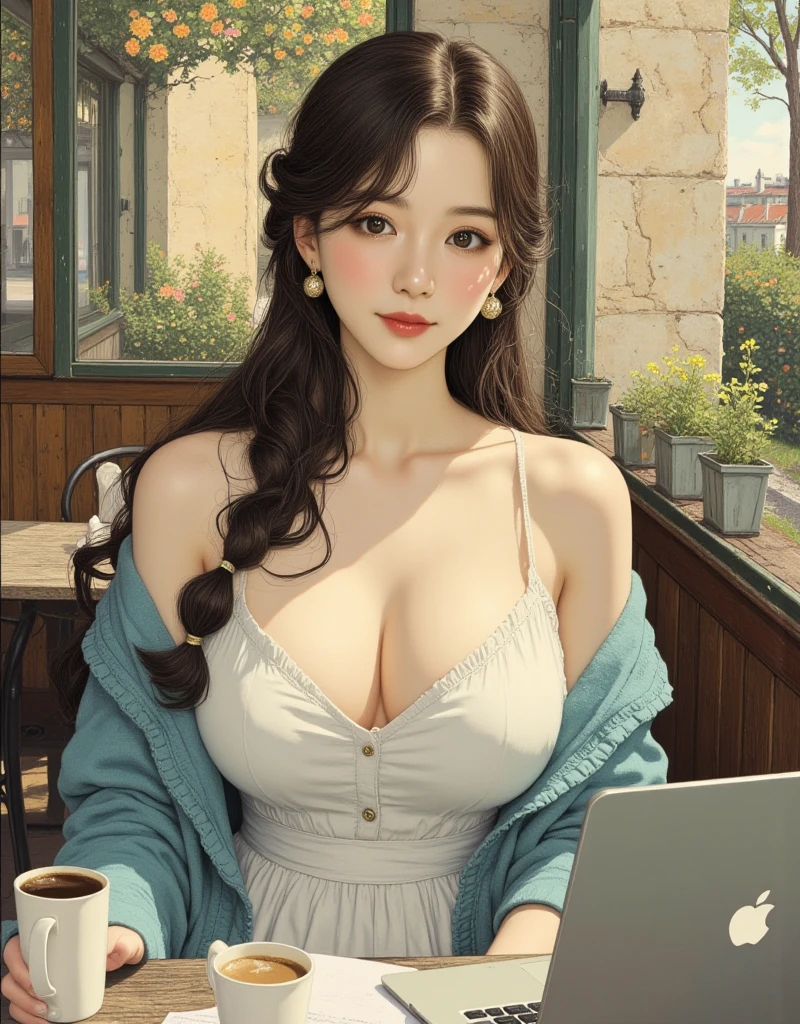 (In perspective) Gorgeous and sexy brunette woman、The perfect 23 year old secretary、Straight hair in a ponytail、Pale, oily skin like silk (Moist) Thick lips, (photoRealistic:photoRealistic, 8K masterpiece), she has big breasts、wearing a crisp white dress shirt. (Chest highlights), sitting at a restaurant table drinking coffee (hyperRealistic: Realistic, Intricately detailed environments), Sensual facial features: (Textures and environments、Professional photos、Perfect lighting).