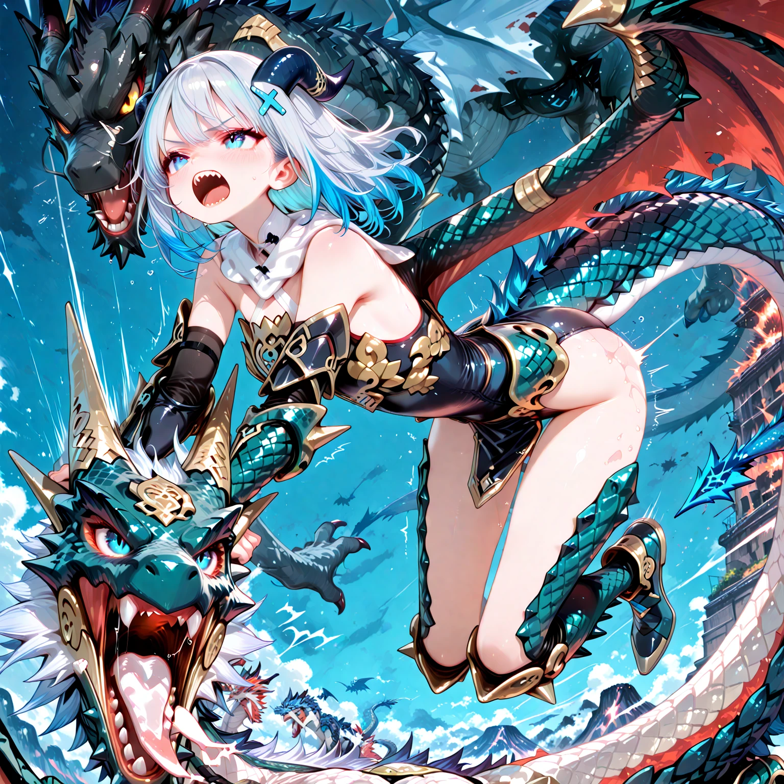 ((Highest quality)), ((masterpiece)), (detailed), One girl, ((Highest quality)), ((masterpiece)), ((detailed)), ((In Arknights Style)),((One Girl)), ,Blue Hair,Red Eye,Long Hair,(xenosexual rape)((Sex with dragons)) (Giant Dragon Dick) ((Vaginal ejaculation))(Hot and glowing skin)(((Reproduction))) game cg milf (Fertilization) Ecstasy face (Pussy juice) (Sticky) ((Sticky Semen))((No underwear))
