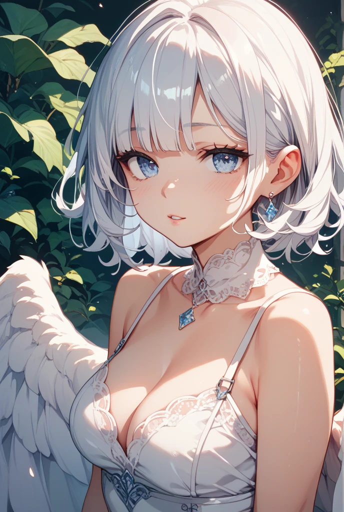 albino girl,fantasy anime, short hair, white blue eyes, with a metal heart in her hands, front view, 3/4, beutiful, aurora, bella, beautiful, angel,