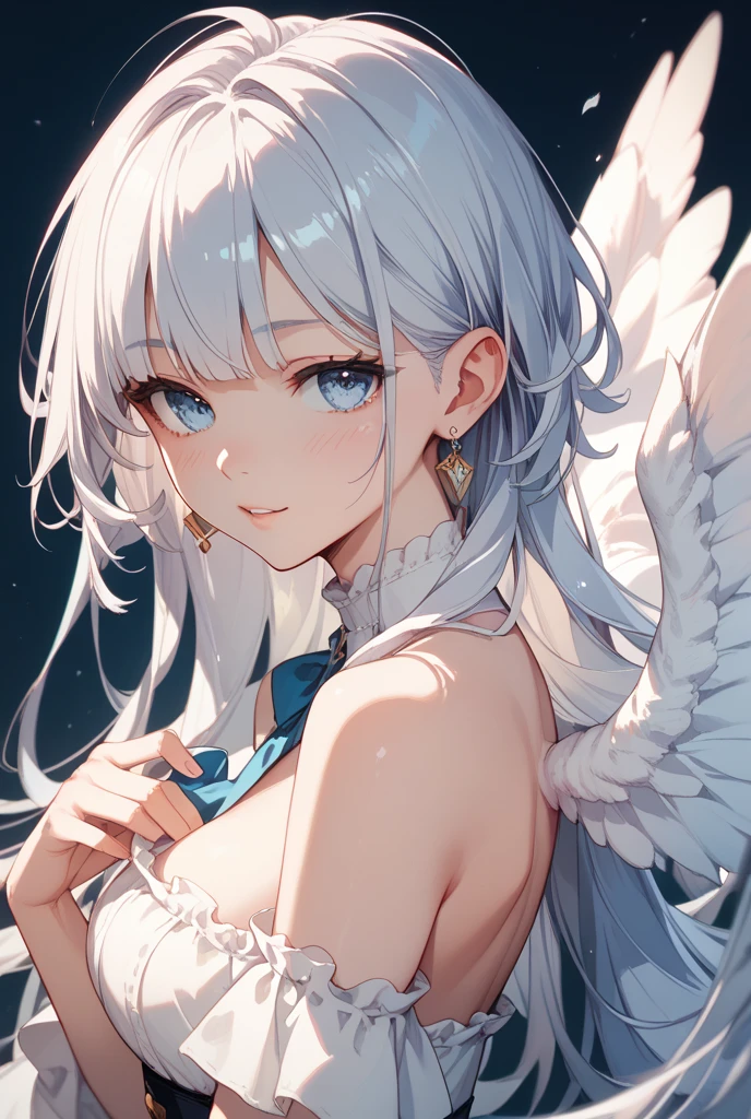 1girl, long white hair, blue eyes, wearing white dress, cute face, smile, full body, halo, angel wings, tongue out, blushing, winking