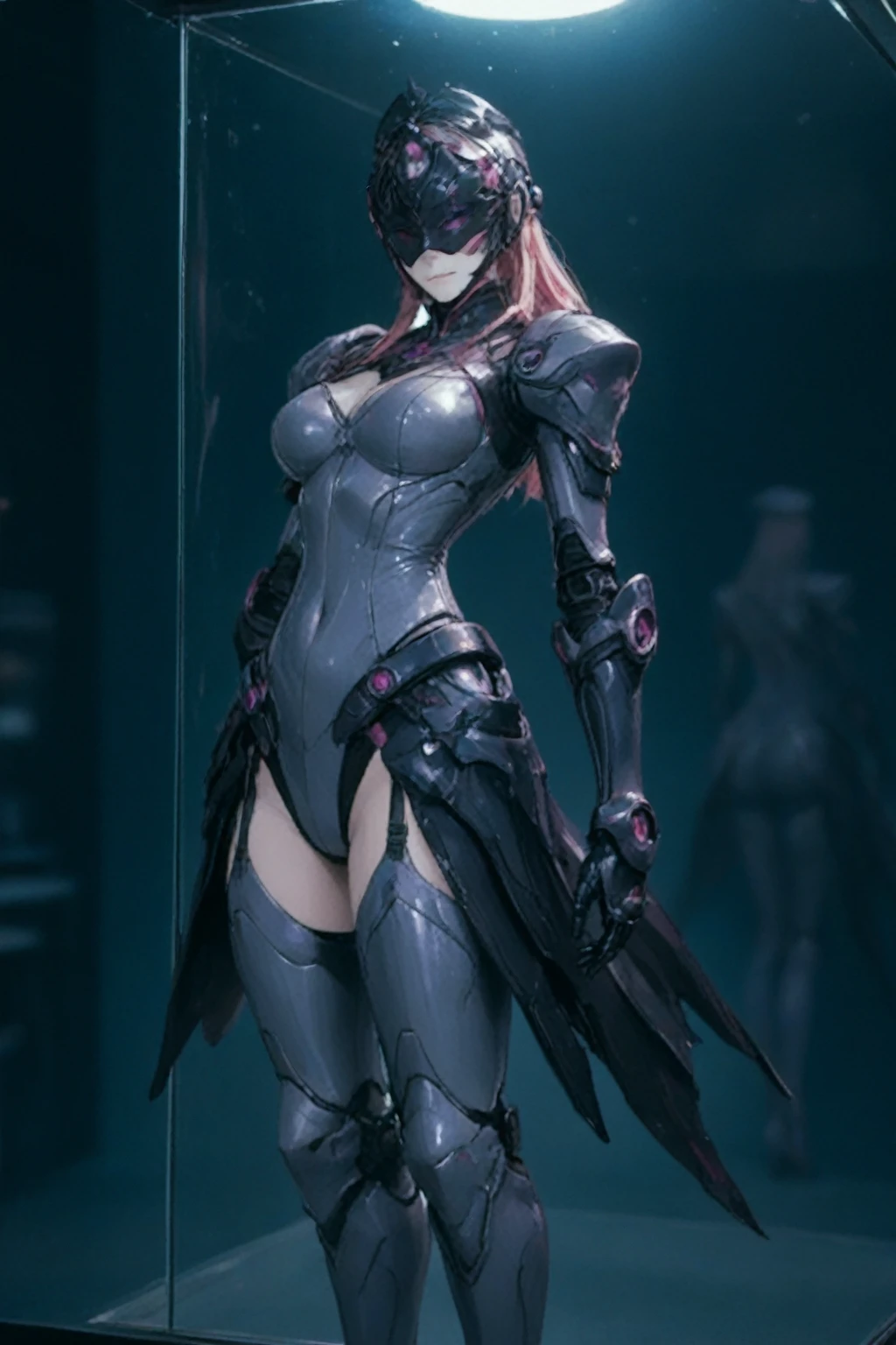 blasphemy, masterpiece, absurdres, realistic, chromatic aberration, science fiction, Transformation by mechanization, extremely detailed cg, impossible clothes, 1girl, mature female, {fighting stance}, robotic joint, hyper machine, huge breasts, narrow waist, wide hips, thick thighs, long legs, mechanical armor, glass armor, black and white and bronze clothes, torn clothes, damaged, luminous clothes, detailed machine, detailed structure, mechanical visor, mechanical gorget, mechanical pauldrons, mechanical arm guards, mechanical bracer, armored boots, {faceplate}, {mechanical orb}, {lightning orb}, {{searchlight}}, holding weapon, grim sky, grim atmosphere, {arm cannon}, {neon blade}, cityscape, damaged building, monster, mysterious creature, wide shot,