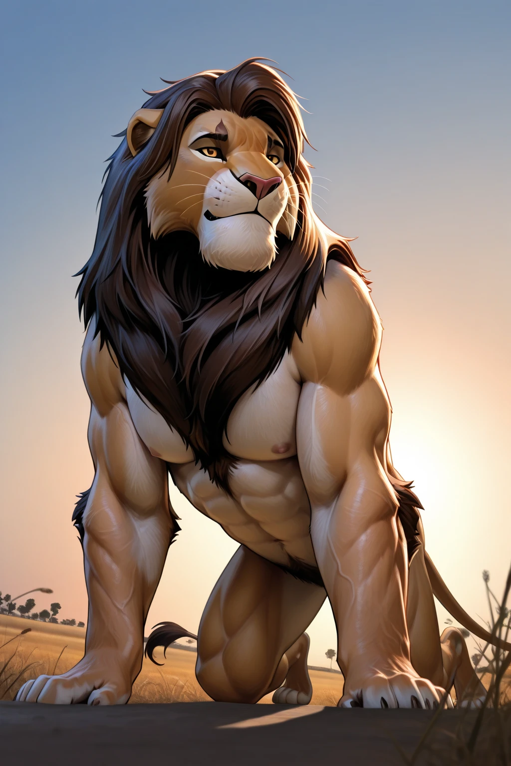 a male lion with a long flowing blonde mane, long and thick fur, beautiful detailed eyes, massive and obese body, big belly, fat belly, muscular arm, muscular pectorals, in a garden, shirtless, portrait, big smile, paw in front of the face to hide the eyes from the sun, (best quality,8k,highres,masterpiece:1.2),ultra-detailed,(realistic,photorealistic,photo-realistic:1.37),HDR,UHD,studio lighting,ultra-fine painting,sharp focus,physically-based rendering,extreme detail description,professional,vivid colors,bokeh,cinematic,extremely detailed eyes and face, corect anatomy