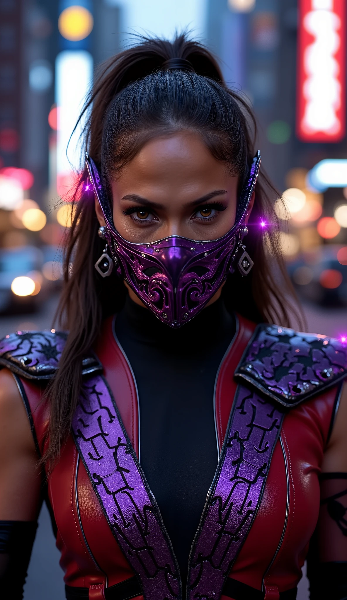 Jennifer Lopez as Mileena from Mortal Kombat focusing on the face
Aggressive and mystical look in shades of purple and gold. Violet metallic mask with shiny details covers the face, revealing intense golden eyes. Armor with ornate shoulders and tight with bold cuts. Purple sparks of evil energy surround her body, highlighting the wild and violent aura of the character.in a suit with a black shirt underneath red and black focusing on the face loose hair and beautiful busy avenue at dusk Cars passing by, bus, traffic light on, trees lined the sidewalk, people walking with bags and backpacks. store signs in the background and light poles on.