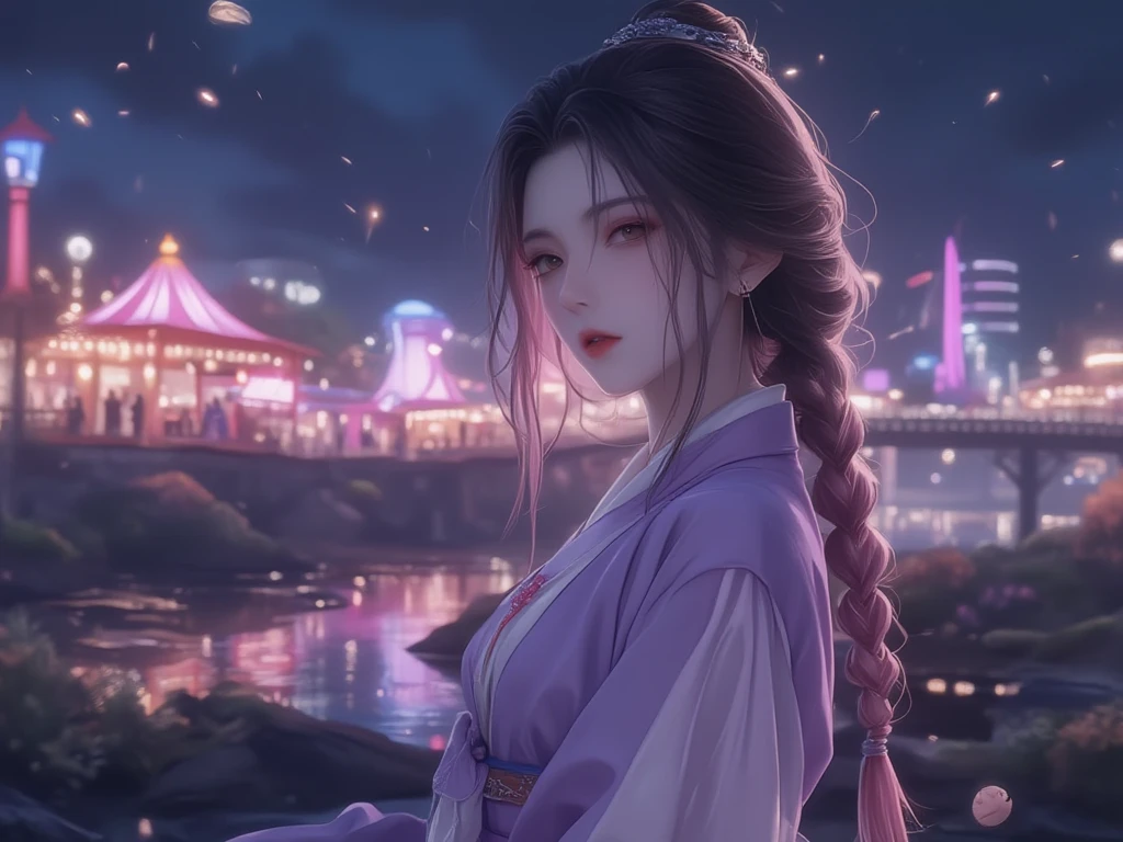 light particles, halo, (bioluminescent:0.95), bioluminescent, piercing glare, vibrant, (((colourful))), color, (glowing, glow),ancient customs, wind blow, blossom, pond, night, moon relection in the pond, reflection light, depth of field, , multiple views, delicated best quality ,masterpiece, illustration, an extremely delicate and beautiful, extremely detailed ,CG ,unity ,8k wallpaper, Amazing, finely detail, masterpiece,best quality,official art,extremely detailed CG unity 8k wallpaper,absurdres, incredibly absurdres, huge filesize , ultra-detailed, highres, extremely detailed,beautiful detailed girl, extremely detailed eyes and face, beautiful detailed eyes,light on face,1girl, (Super realistic), (purple hair), (hair over one eye), (single braid hair), (rainbow eyes), ((hair ornament)), ((jewelry)), (hair jewelry), (((describe the arm in detail))), (((Super ))), ((sagging )), ((Plump body)), (), (thighs), ((Plump )),, (detailed description of hair), ((upper body)), ( shoulder), ((collarbone)), (off shoulder), (Shiny skin), (detailed description of face), (Extremely detailed description of the eyes), (detailed description of body), (white and translucent skin), peerless beauty, (extreme beauty), (red lips), (shy ), ( smile), ((gothic lolitia dress)), (every pose)