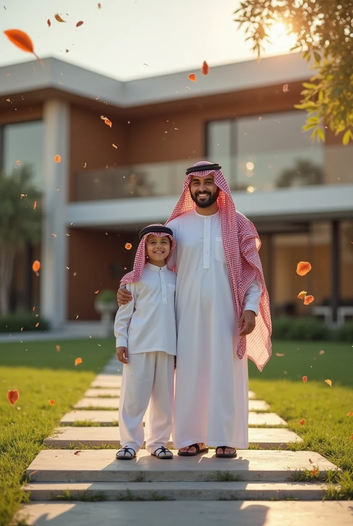 a saudi arabian man wearing traditional saudi clothes standing with his son and daughter wearing school uniforms, full body shot, modern school background, ultra-detailed, 8k, photorealistic, highly detailed faces, beautiful eyes, lush environment, warm lighting, vibrant colors, cinematic composition