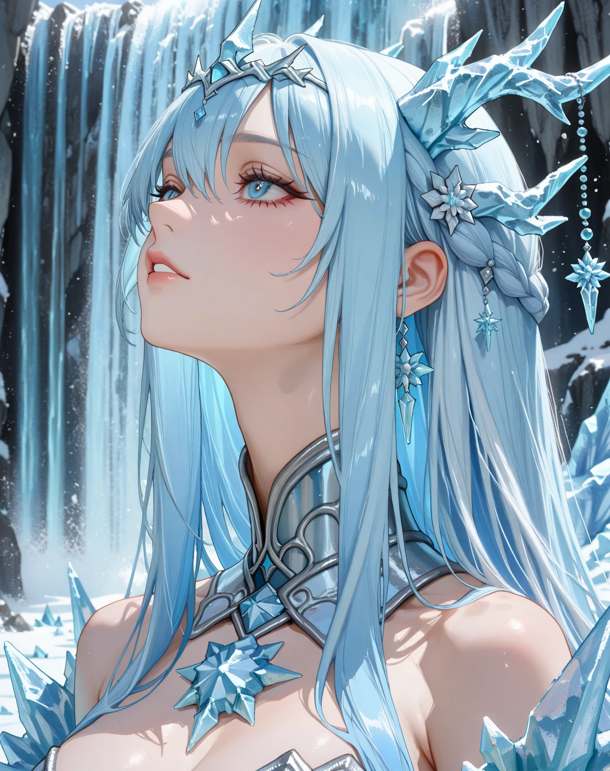 cold white hair, bright blue eyes, delicate features, five springs, man