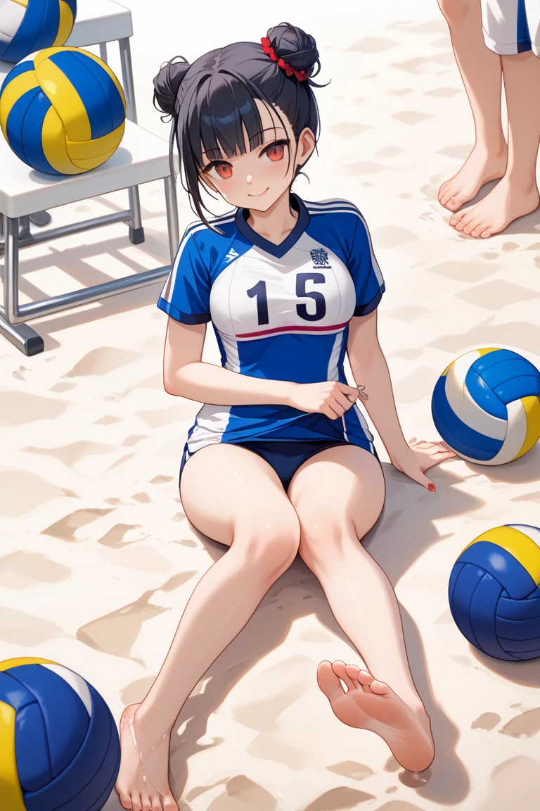 (Sweat, White skin:1.5、Light gray sports bra, ), cameltoe, Fitness, , ((Beach volleyball swimsuit)),Big Breasts, Sturdy body、lie down, ((Big Eyes in Anime))