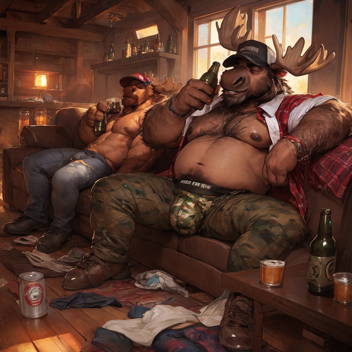 solo, three headed wolf, older male, angry, pouting, (cartoon eyes:1.2, detailed eyes), by dramamine:1.2, (identical:1.9), obese, porch background, sitting in chair, shirtless, boxers, holding beer:1.2, navel, beard, speech bubbles:1.5, corrrect hands, correct ???????:1.7, (lifting leg:1.2)