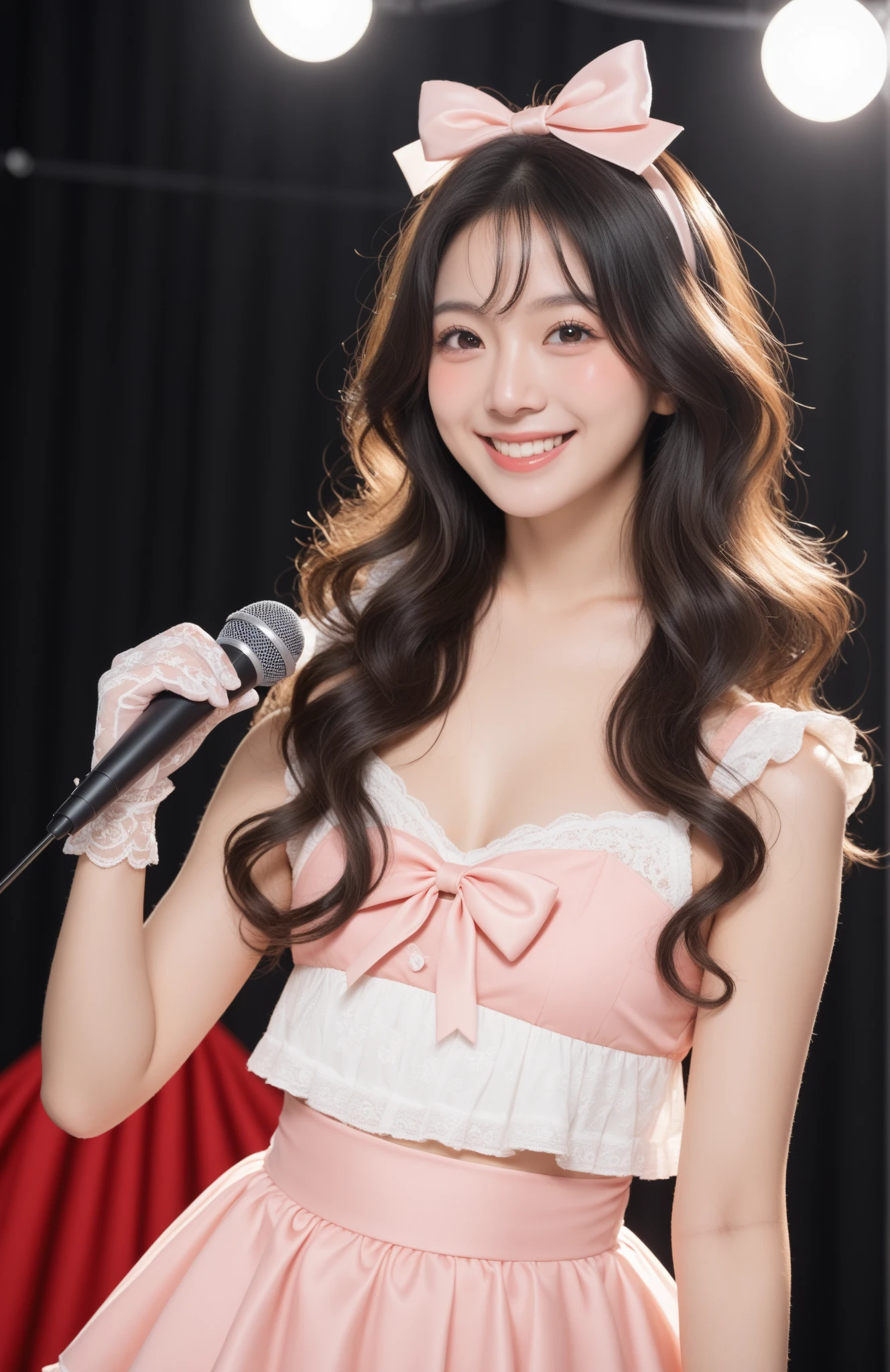 a lot of details, (underweight), 30 years old, detailed black hair, beautiful detailed hair, super fucking beautiful, delicate beautiful face, complex details beautiful and delicate eyes, perfect hands, (flat chest best quality:1.5), perfect and delicate limbs, detailed skin, best quality, ultra-detailed,(cheerful grin:1.3),
full body, from below, standing on one leg, sweat, electric bass, wave at the edge of dress, (holding electric bass), beautiful long dress, cream Clothes,live house, on stage, lighting,