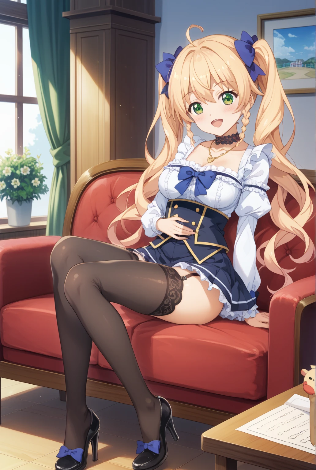 (((Panties))),(((オマンコ))),1girl in, 独奏, length hair, blue eyess, blonde hair, diadems, sitting on, panthyhose, doress, the bow, The card, pinafore, shairband, PlayingCards, looking at the viewers, shortsleeves, 髪のthe bow, 青いshairband, A smile, red blush, hand on own face, 青いdoress, Alice(不思議の国のAlice), hair between eye, a chair, 黒いpanthyhose, 青いthe bow, a throne, Puffy sleeves, Put your hand on your cheek, bangss, ふくらんでいるshortsleeves, bow ribbon、非常にlength hair、mini crown、foot out of frame、frilld、白いpinafore、:q、masterpiece、top-quality、((Lifted skirt、White panty、camel's toe)))、NSFW,twat,