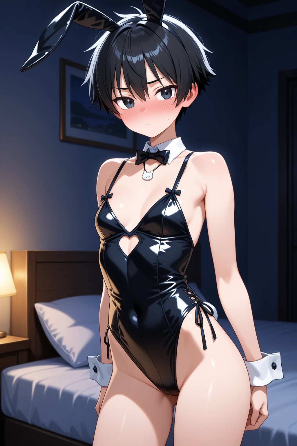 nsfw, ((masterpiece,best quality)), highres, extremely detailed 8K wallpaper, depth_of_field, best shadow, (Colorful),(Delicate eyes and face), nice hand, Perfect hands, (no lighting), Ray tracing, BREAK
(1girl in), mogami \(kancolle\), black hair, black eyes / green eyes, swept bangs, ((very short hair)), small breasts, slender, skinny, (((evil smile))), (full-face blush), (open mouth), BREAK,
standing, perfect hands, hands up, see-through leotard, playboy bunny, see-through, transpbunny, (handcuffs:1.2), bunny ears, (black stockings:1.2) (rabbit_tail:1.2), BREAK,
Cowboy Shots and knee, bedroom, (((night time))), ((dark backgrounds:1.6)),