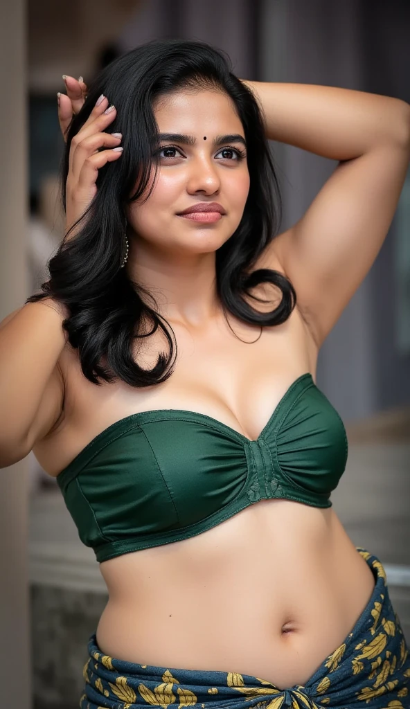 tamanna1,1girl, solo, (realistic),,(hyperrealism),(best quality),(masterpiece),(photorealistic),(film grain),(green bra , panties , pov , close view , looking at viewer , sexy smile , Breast Implants/Round Breasts , wide hips , milf),eye makeup,detailed eyes,detailed bedroom , smile ,