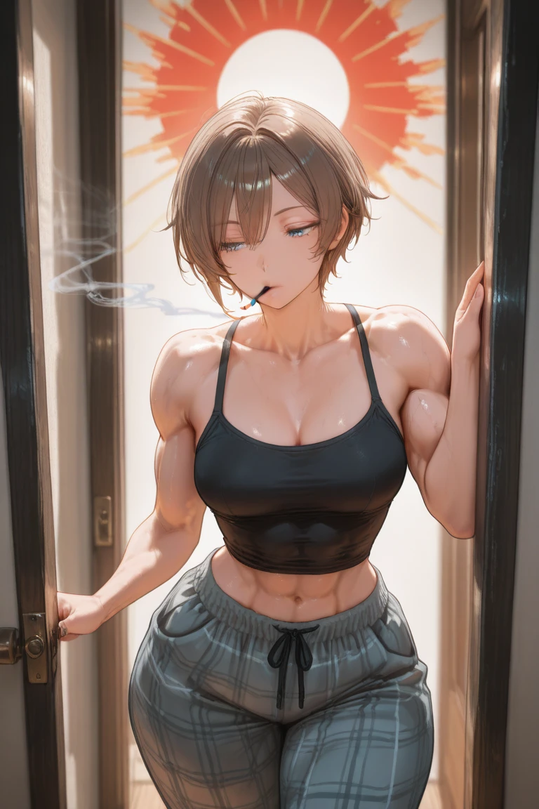 1girl, solo,
brown hair, short hair, brown eyes, dark skin, medium breasts, 
(muscular female:1.5), 
sports bra, shorts,
penetration gesture, 
shy, embarrassed, full-face blush, averting eyes,
gym storeroom, 
perspective, 
colorful, shiny skin, 
masterpiece, best quality, amazing quality, very aesthetic, absurdres, newest, scenery, (volumetric lighting:1.1), depth of field <lora:Penetration_gesture:1>