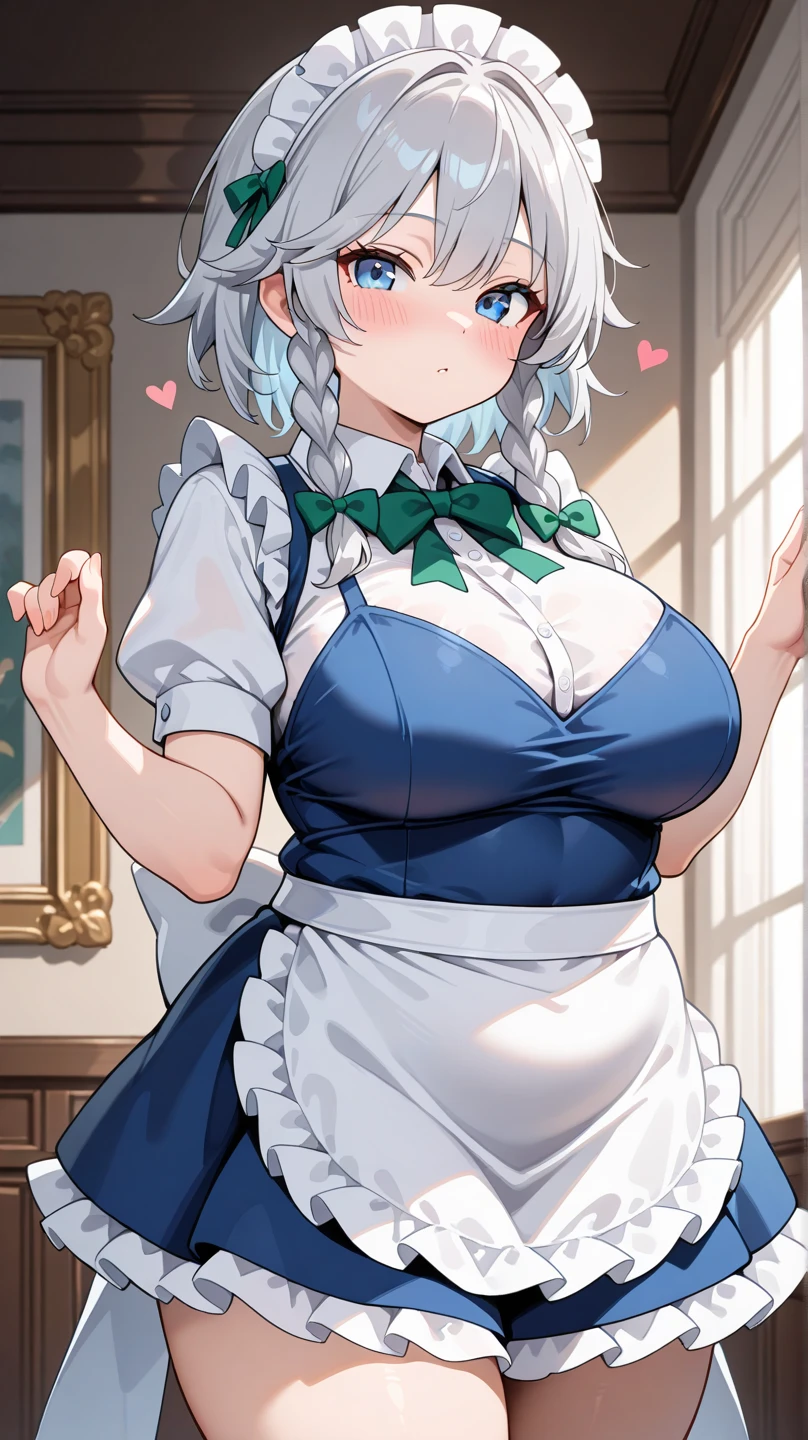 (((masterpiece))),(((High resolution)))、(((Perfect Face)))、(((beauty)))、Bedroom、(((Beautiful Face)))、((((Maid Skirt))、(Embarrassed look)、(((look at me)))、Big Breasts、Plump、Thighs