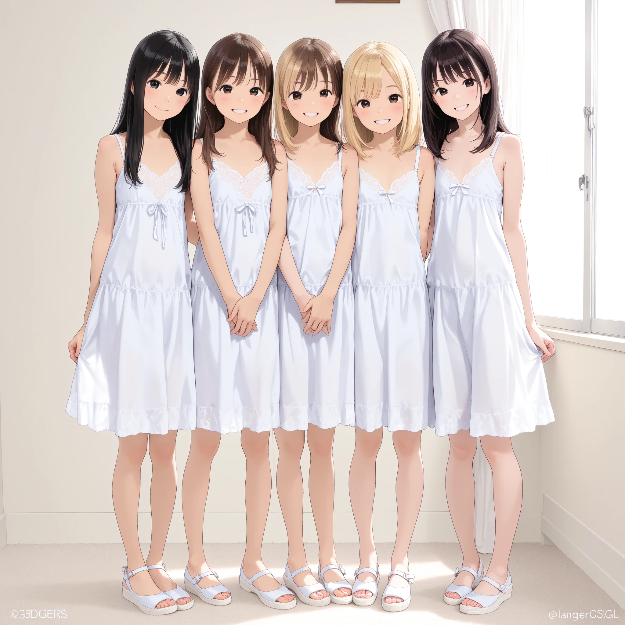 masterpiece，high quality，Multiple girls，organize，Same sisters，blond，curls，（brown hair sisters，blond sister，many sisters，Matching hairstyle，Different hair colors），Hazel eyes，Large bust，（（Matching clothing，） )、Smile、Same height、Organizing attitude、Full body photo lying on bed