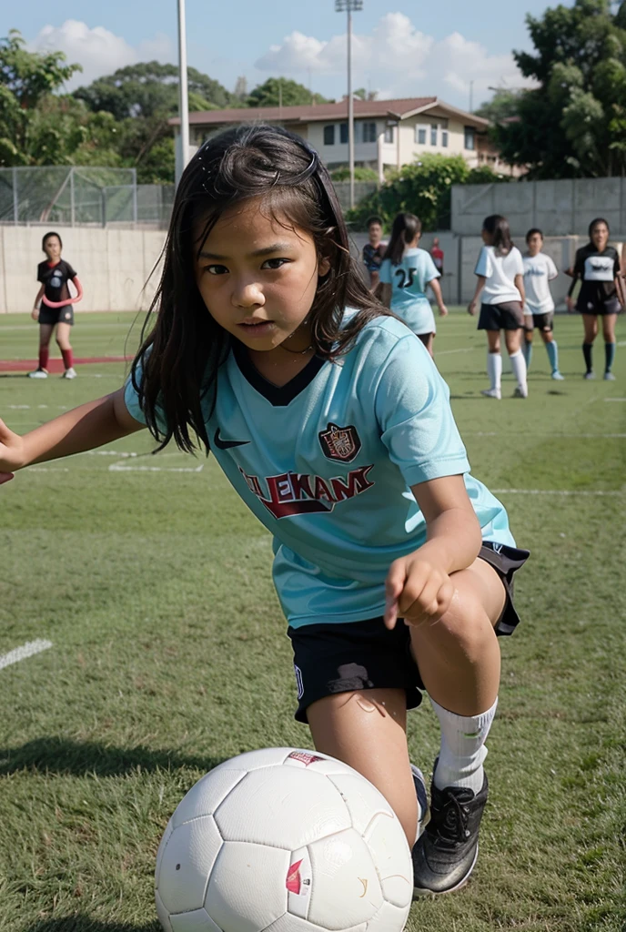 Highest quality, High resolution:1.2, Super detailed, Realistic:1.3, ((Beautiful woman))、Big Breasts、Vibrant colors, play soccer,((blunt bangs))、Has bangs、Wet Hair, Concentration, Splash, Action Shots, Grass blotches, Muddy ground, Wet turf, Decide, Fast-paced games, Athletic physique, Shiny soccer ball, Wet Uniform, raindrop, Blurred motion, Focus on the ball, Intense competition, Skillful dribbling, Energetic play, Teamwork, powerful shoots, Wet pitch, Passionate sports, Fierce Decide, Humid atmosphere, Fluid movement, emotional expression, Difficult conditions, Dramatic lighting, Women's Sports, Avid athletes, Exciting Games, endure, Excited state, Speed and agility, Energetic play, 濡れたSplash、smile、