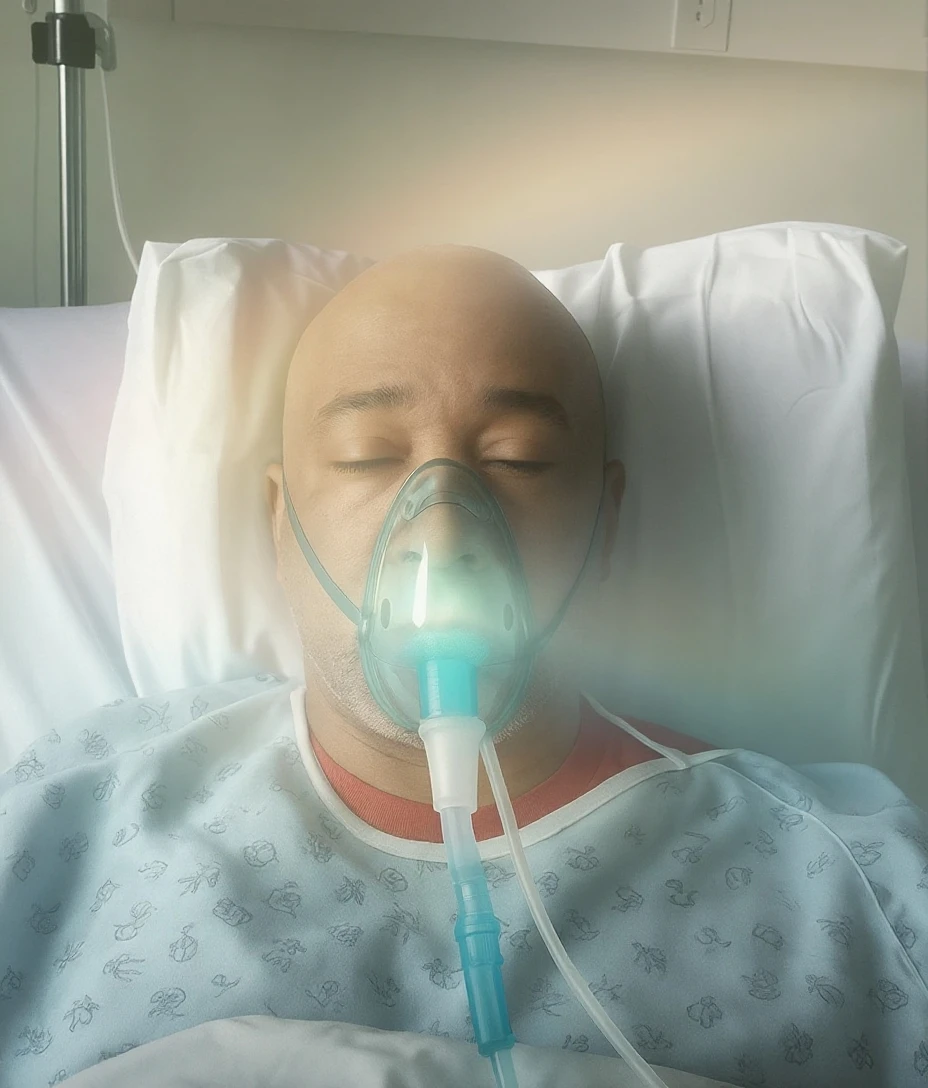 20-year-old man in agony, intubated and on a ventilator in a hospital ICU, eyes closed