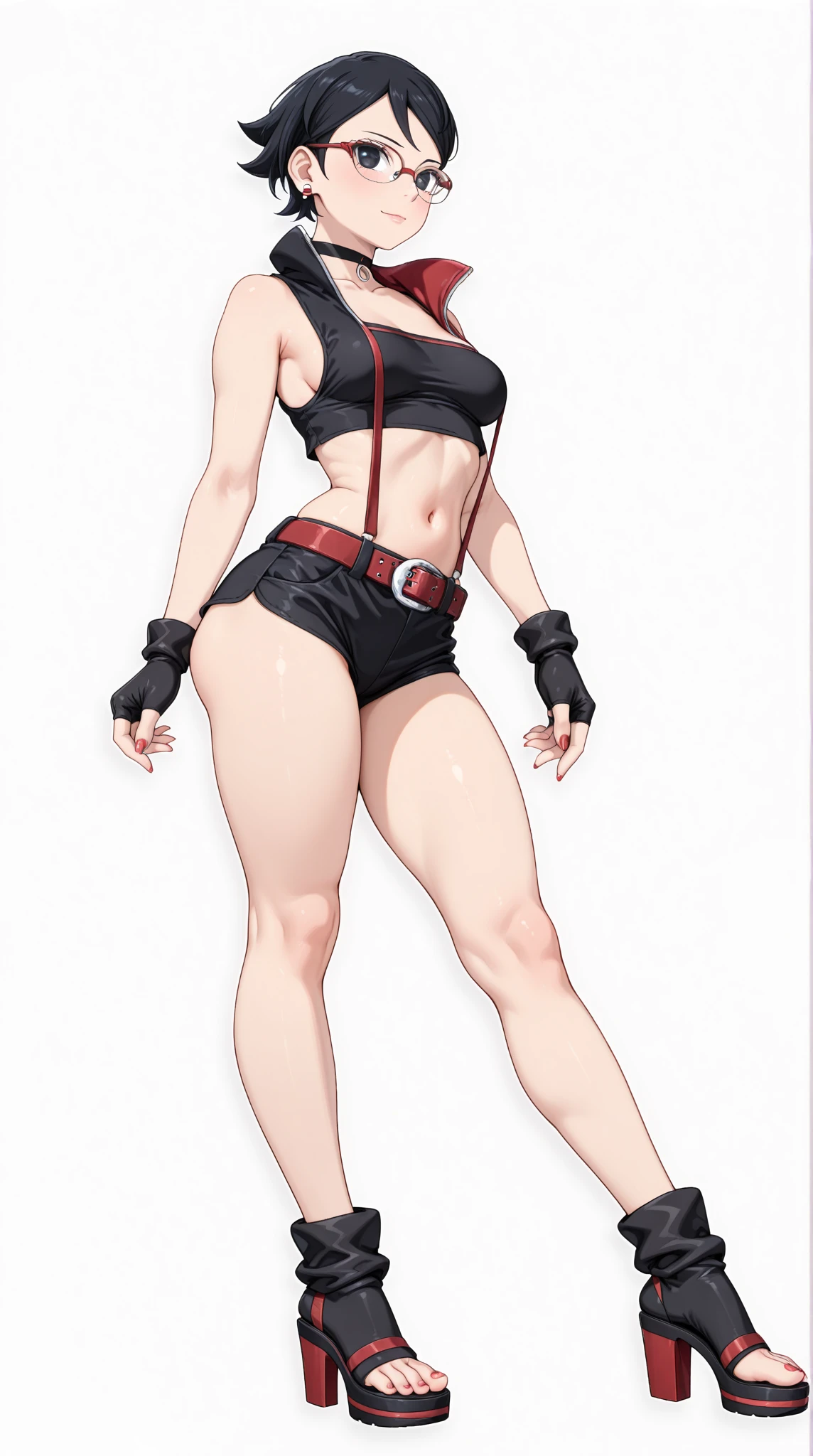 (masterpiece: 1.2), (high quality), 1girl, solo, standing, sakura haruno, pink hair, short hair, with a red ninja headband on her head, green eyes, red sleeveless shirt, pink elbow protectors, wearing black gloves, tight black shorts pants, short tights transparent pants visible pussy pussy, transparent short black tights, see through visible vagina pussy, with a white bandage on the right thigh, black high boots, full body real, realistic, reality, ultra detailed, image looks very detailed, UHD quality, 8k, 8k wallpaper, 70mm transparent short black tights, see through visible vagina pussy,