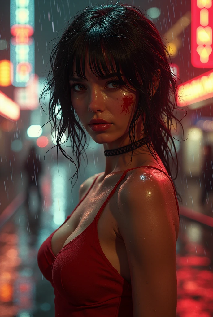 A naked  girl with purple  eyes  in red torn suit and wet body and laying down forward in cyberpunk city and rainy weather and watching me with smile 