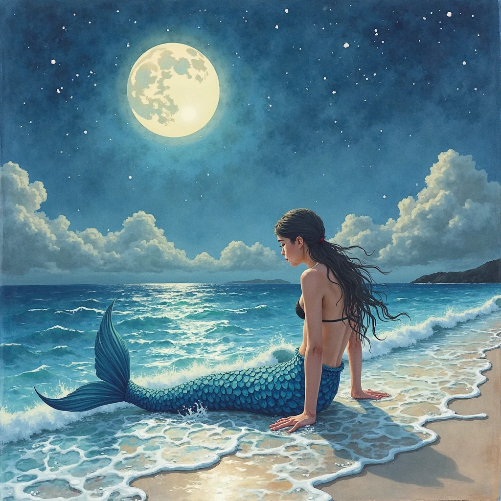 Art style by Klimt, Sam Toft, Florine Stettheimer, Dina Wakley, Catrin Welz-Stein, Gabriel Pacheco, Elisabeth Fredriks. mermaid, fishtail with silver scales, long black hair, lying by the sea. Around her a very large beach with pinwheels, coral, marsh grass
