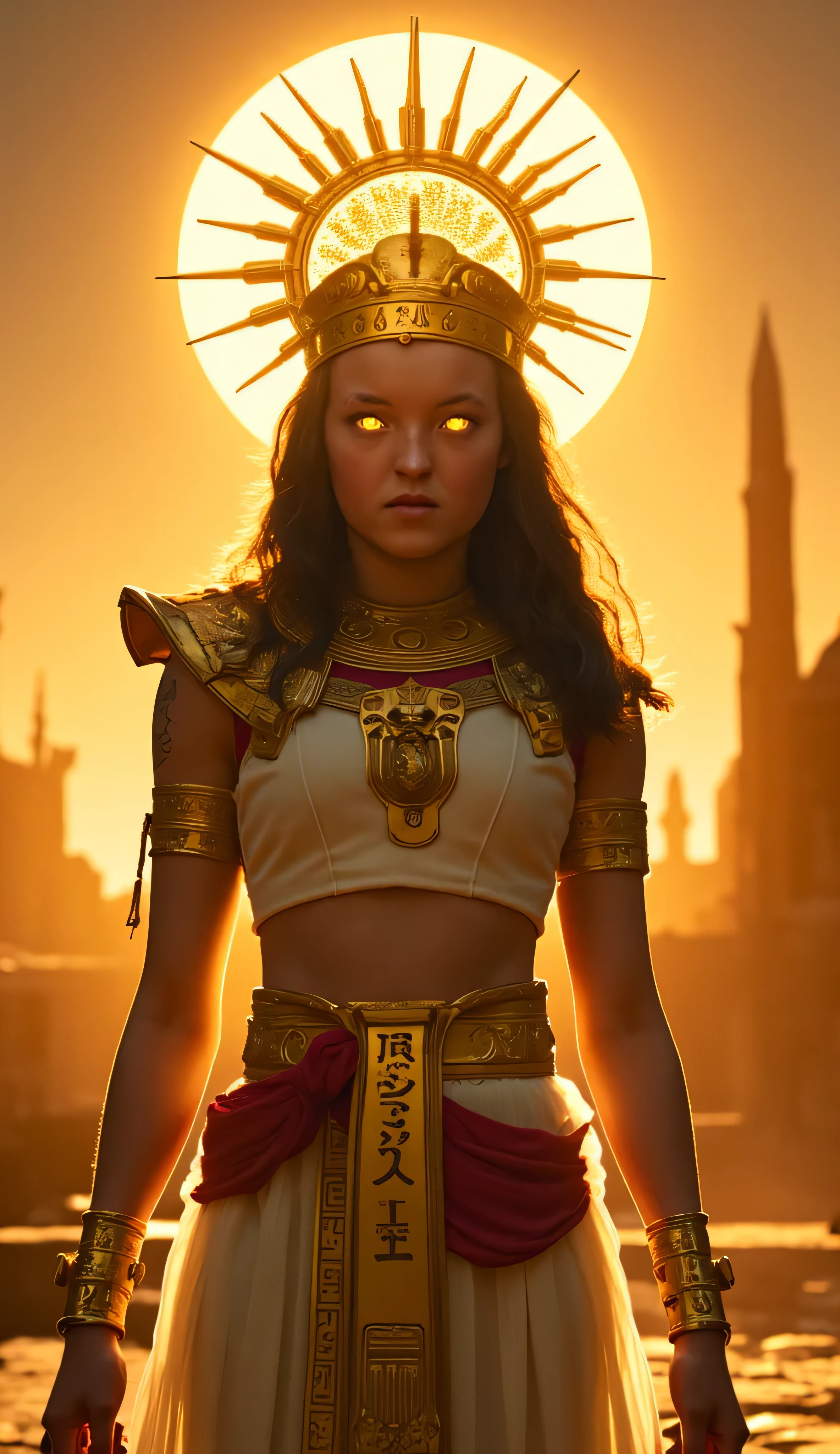 Bella Ramsey as Ra, Sun Goddess, majestic golden headdress, glowing solar disk, sacred cobra (uraeus) at its center, eyes glow with divine light, symbolizing wisdom and power, regal and elegant outfit, traditional Egyptian motifs, celestial elements, gold, white, crimson fabrics, hieroglyphs and sun symbols, skin shimmers slightly with golden light, radiant sun behind, rays stretching out like wings, stands confidently, against backdrop of ancient temples and blazing sky, divine grace, solar energy, hyper-realistic, cinematic lighting, mythological fantasy style, high detail