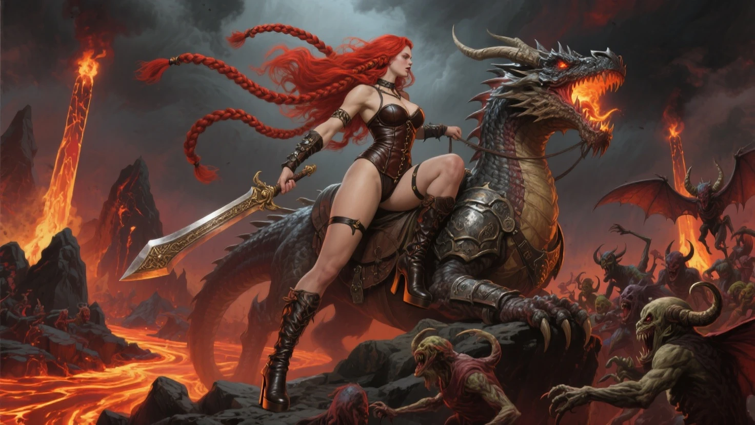 woman minotaur eye patch red hair, Red clothing, with horns, sexy sensual on a pirate ship at sea, fully body