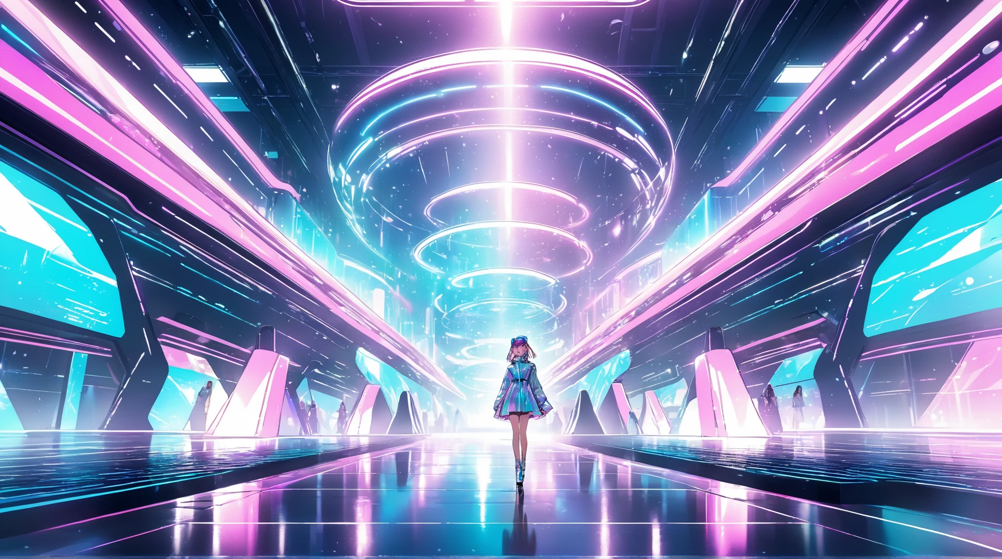 A spectacular parade in a futuristic metaverse theme park with colorful neon lights