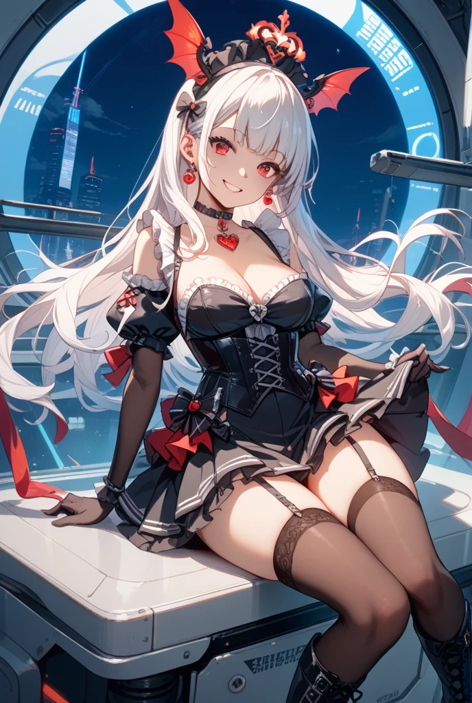 luna_kindred, 1girl huge large breasts, flat_chest, sitted, cowboy_shot, red rose, black_dress, black_thighhighs, garter_belt, black_gloves, city_skyline, nights, darkly, dark studio, edge lit, duotone lighting, A dimly-lit,pixel art