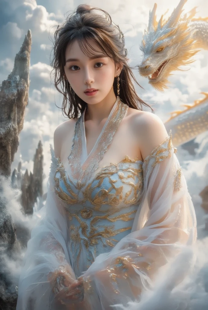 top-quality、​masterpiece、超A high resolution、(Photorealsitic:1.4)、Raw photo、女の子1人、(((White Dragon Background))),（Armor with beautiful patterns in every detail）、(((heavy breasts))),glowy skin、(((Cliff background、Large mountain ranges、falls))))、(Random hair),(((Detailed Micro Bikini)))、(((Mystical expression))),(((glowy skin))),（Gorgeous blue rubber body）)、((She has a beautiful floral ornament on her head)),((angelicales)),(Background of decaying dungeon ruins)、（Ultimate Beauty）)、(Full Body Angle)、((super realistic details))、portlate),globalillumination、Shadow、octan render、8K、ultrasharp、Colossal tits、Raw skin is exposed in cleavage、Details of complex ornaments、Japan details、highly intricate detail、Realistic light、(Mystical expression),CGSoation Trends、Blue eyes、radiant eyes、Facing the camera)、Toostock、Ultimate Beauty、Detailed sword）、(((dragon background))),Precipitous cliffs、Amazing heavy breasts、Wear a large floral ornament on your head、