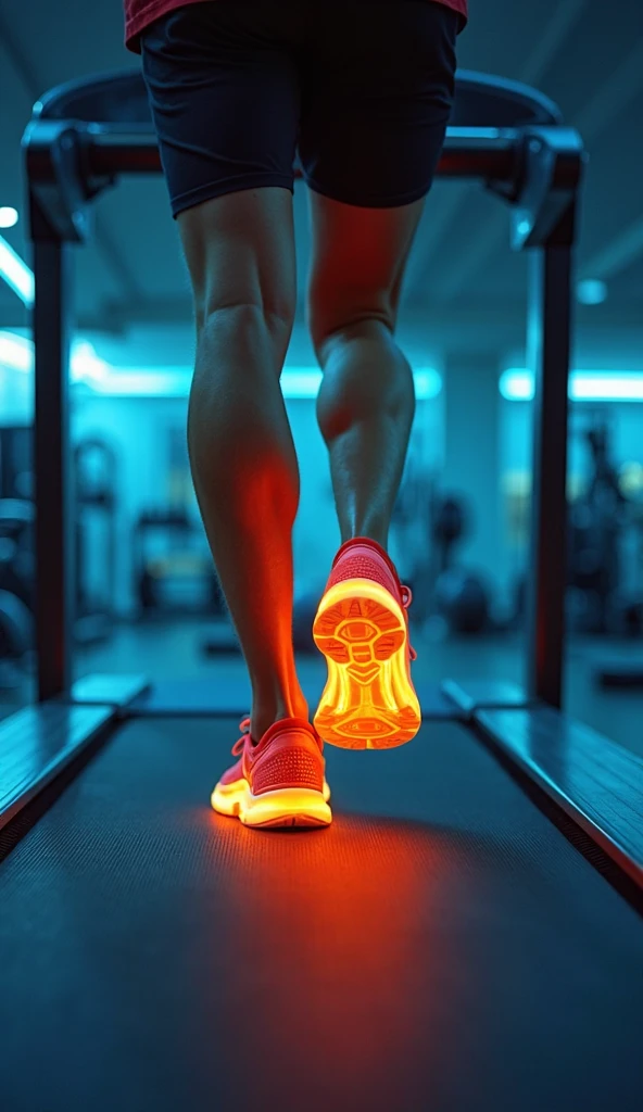 full view, full body, one Sexy young artificially tanned white bald over-musuclar man, shirtless wearing neon-green compression leggings and white futuristic running socks, shoes off, no shoes, gold chains, bracelets, rings, arrogantly running in his white futuristic socks on treadmill in gym, showing off his white socked feet