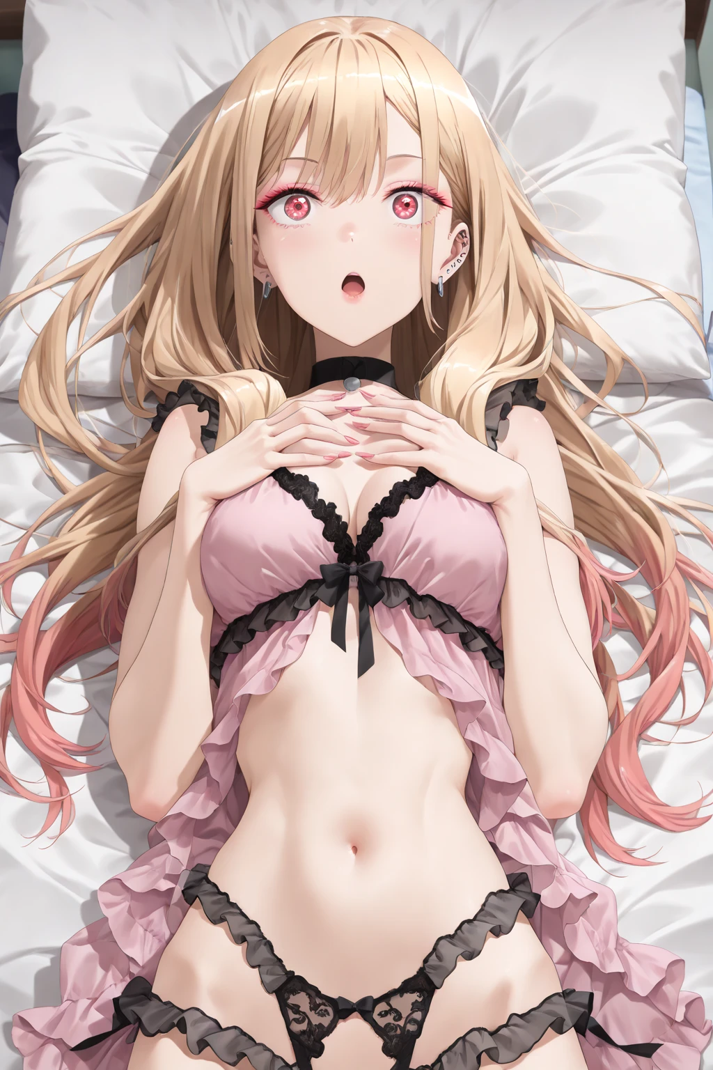 masterpiece, highest quality, High resolution, kitagawa marin sb, From above, 1 girl, blonde, Long Hair, Colorful Hair, Red eyes, jewelry, Earrings, Earrings, good, lace black panties,(Showing panties:1.3), (Spread your legs), Sexy pose,  (Lying in bed:1.5), Seductive pose, (put your hand inside your panties),  Sweat, blush, Narrow eyes, Open your mouth, Her Room