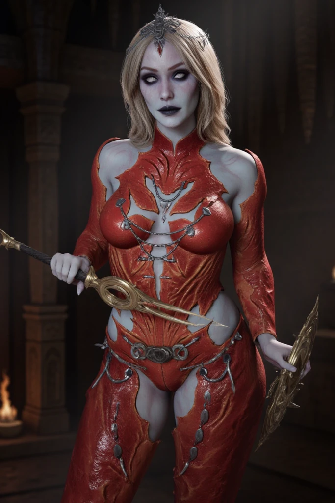 Orin, 1woman, gray skin, red armor, white eyes, white skin, blonde, orange hair, braided ponytail, gothic makeup, circlet, metal chain belt, mediveal <lora:Orin:0.7> <lora:ImminentPen:0.7>, 1boy, 1girl, hetero, penis, imminent penetration, lying, spread legs, breasts, blush, on back, solo focus, nipples, photo, realistic, depth of field, masterpiece, best quality